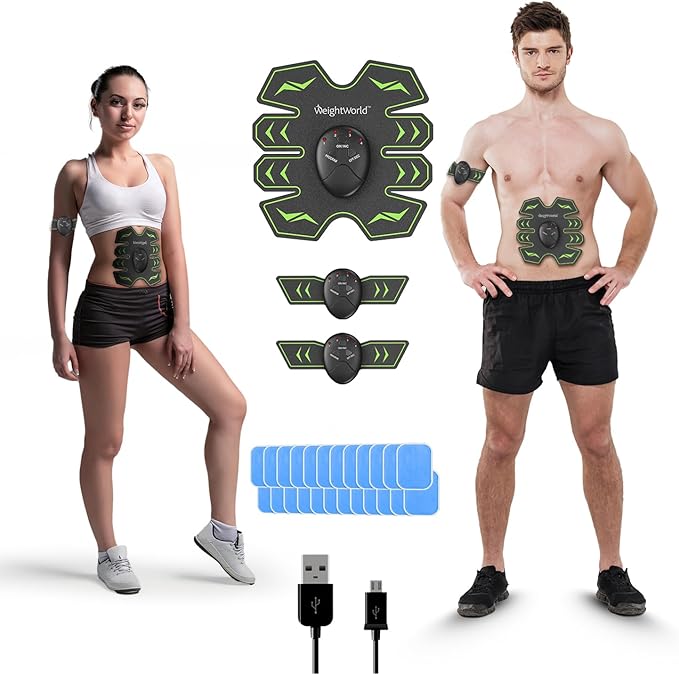 EMS Training Device Abdominal Muscle Trainer - Muscle Stimulator for Abdomen & Arms - 24 Electric Gel Pads 3 in 1 - 6 Modes and 10 Intensity Levels - ABS Stimulator Full Body - USB Abdominal Trainer